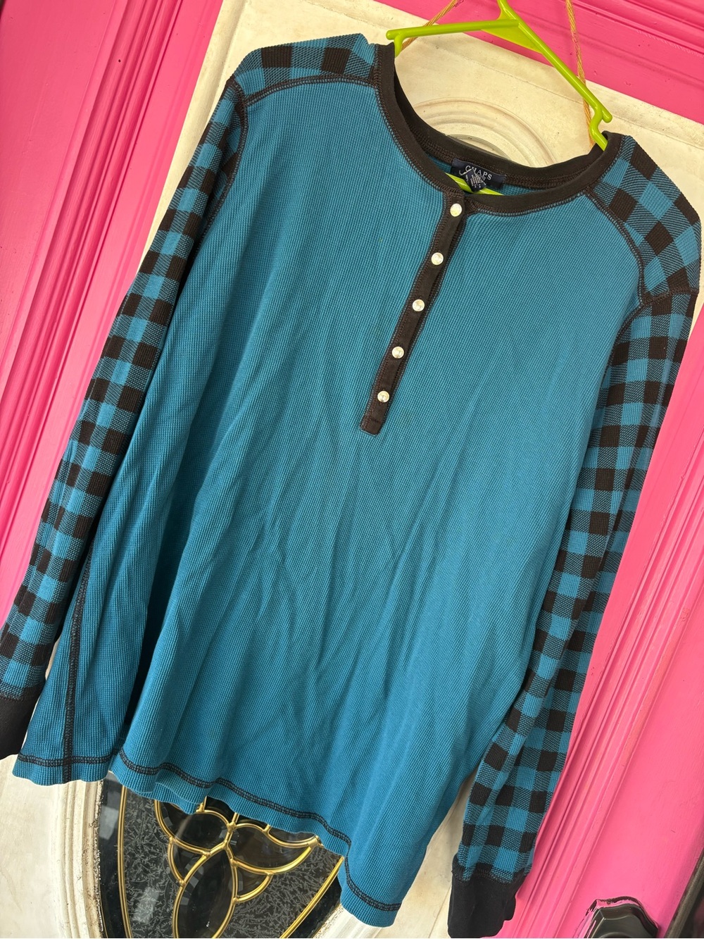 Chaps Teal Long-Sleeve Henley with Black Check Sleeves